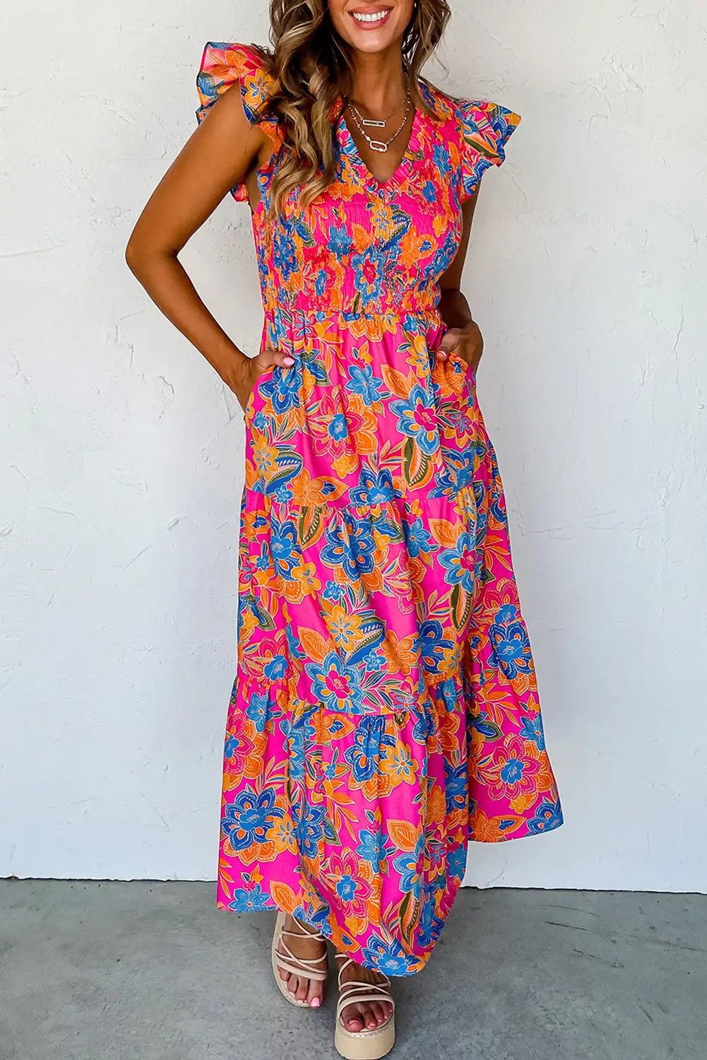 boho floral ruffle maxi dress rose red