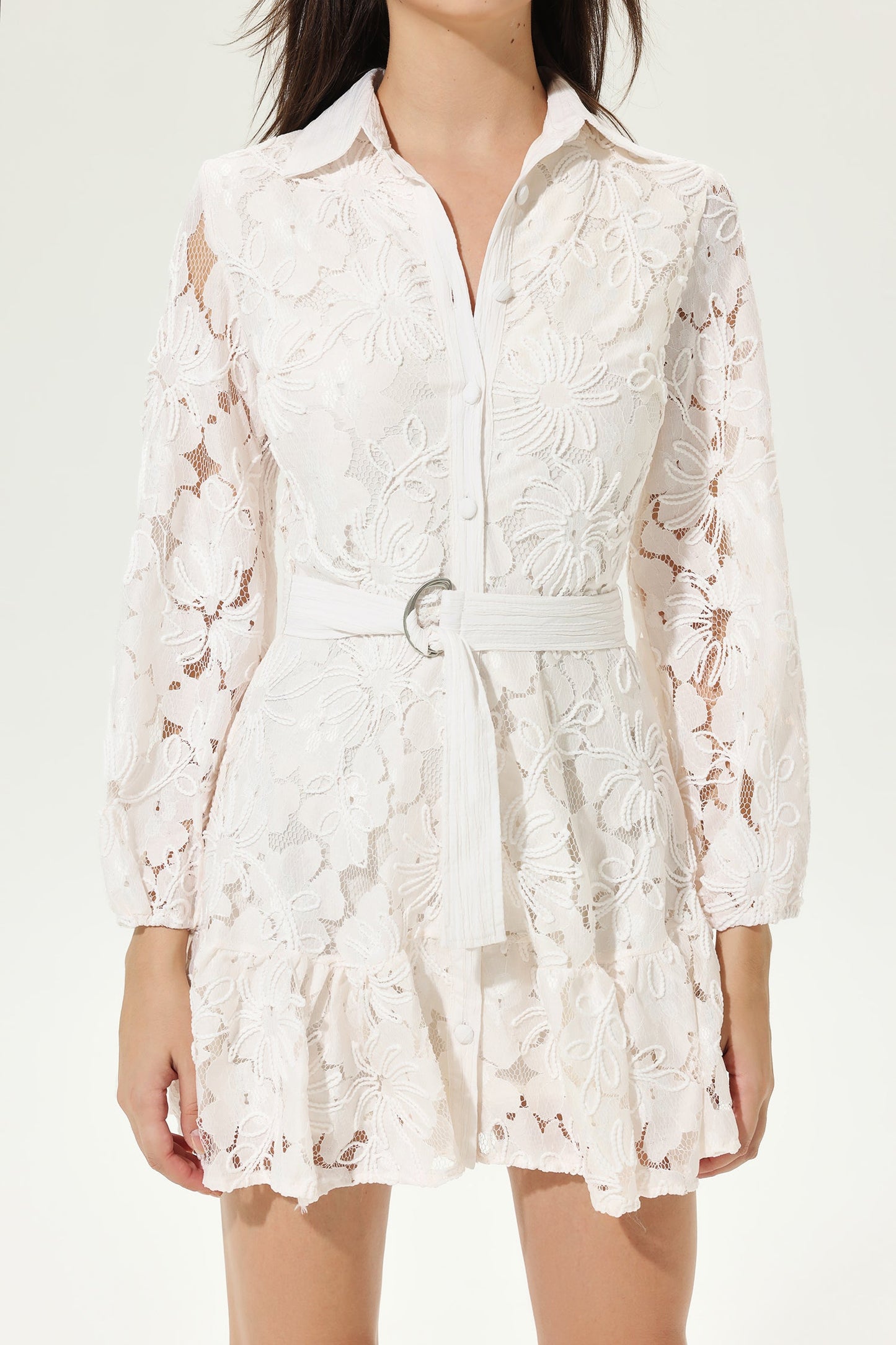 Long Sleeve V-Neck Belted Cut-Out Mini Dress White