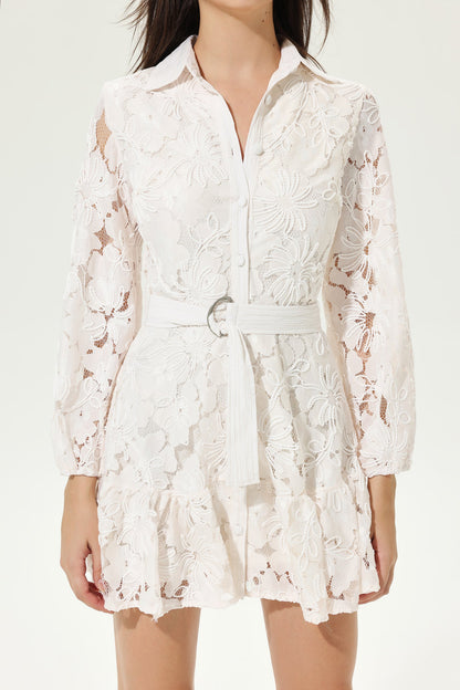 Long Sleeve V-Neck Belted Cut-Out Mini Dress White