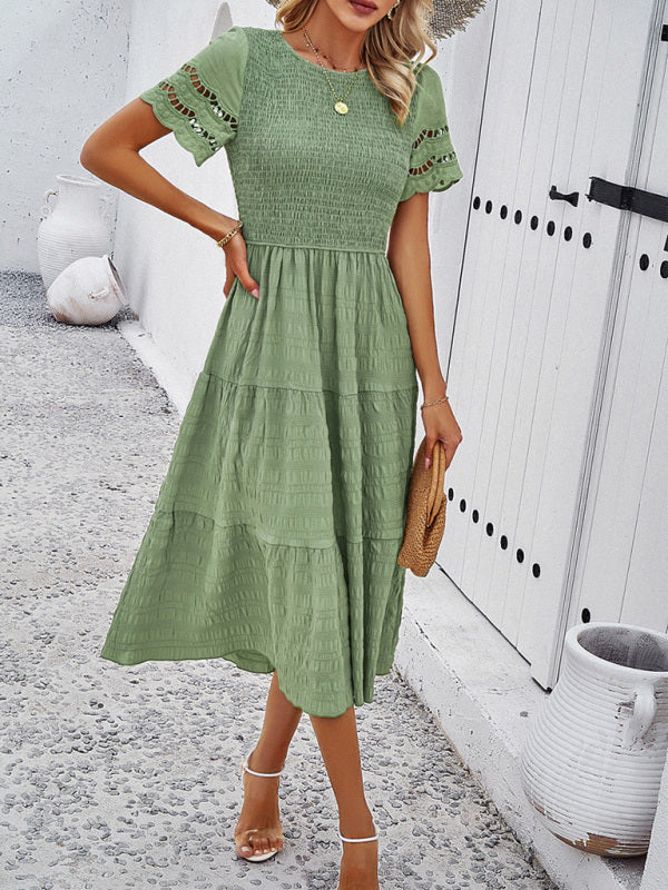 Blue Zone Planet | Solid Color Short Sleeve Cutout Midi Dress