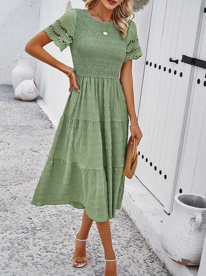 Blue Zone Planet | Solid Color Short Sleeve Cutout Midi Dress