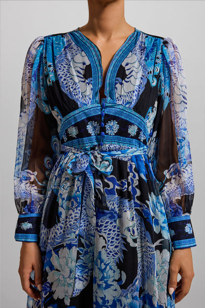 Dragon Print V-Neck Lantern Sleeve Midi Dress Dark Blue