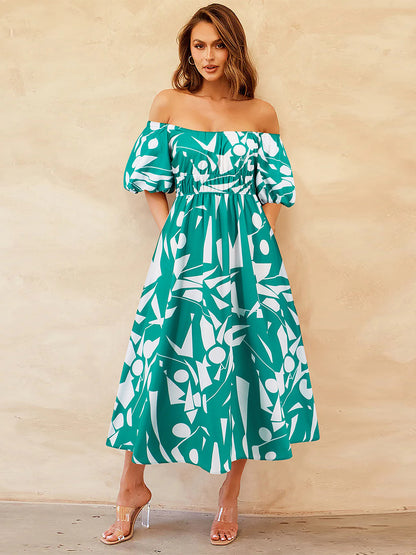 Floral Dress Off The Shoulder Puff Sleeves Casual Summer Midi Dresses