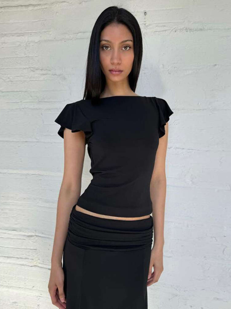 Tossy Women’s Solid Elegant Irregular 2 Piece Set Ruffle Short Sleeve Low Waist Folds Midi Dress Slim Beach Party Outfits Femme