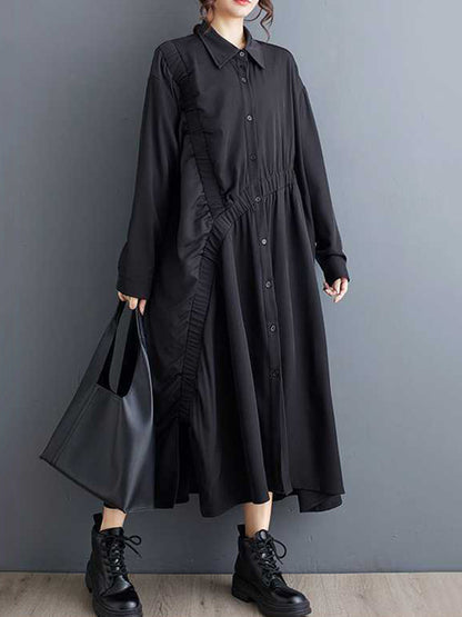A-Line Long Sleeves Asymmetric Buttoned Elasticity Pleated Pockets Solid Color Lapel Midi Dresses Shirt Dress
