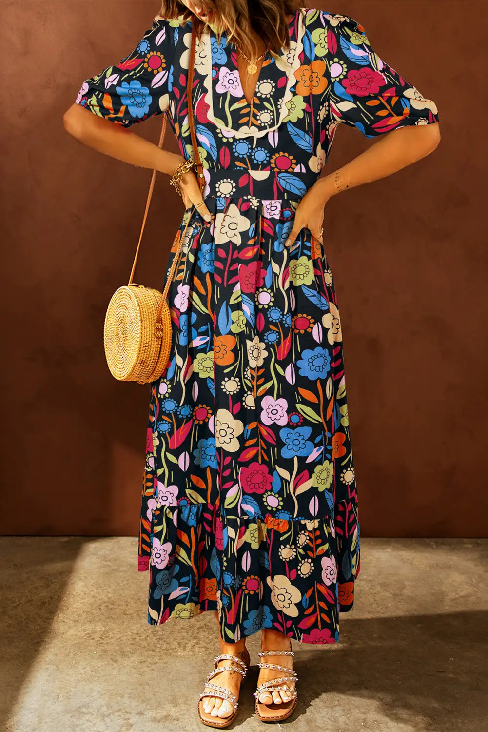 charming black retro floral maxi dress