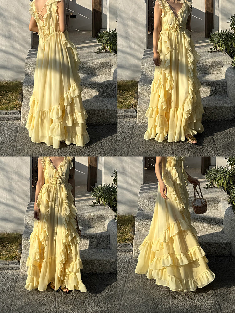Sunset Ruffle Asymmetrical Maxi Dress – Romantic Flowy Vacation Look gunne sax vintage dress