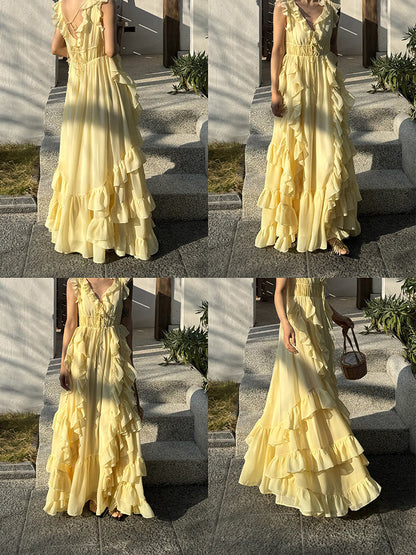 Sunset Ruffle Asymmetrical Maxi Dress – Romantic Flowy Vacation Look gunne sax vintage dress