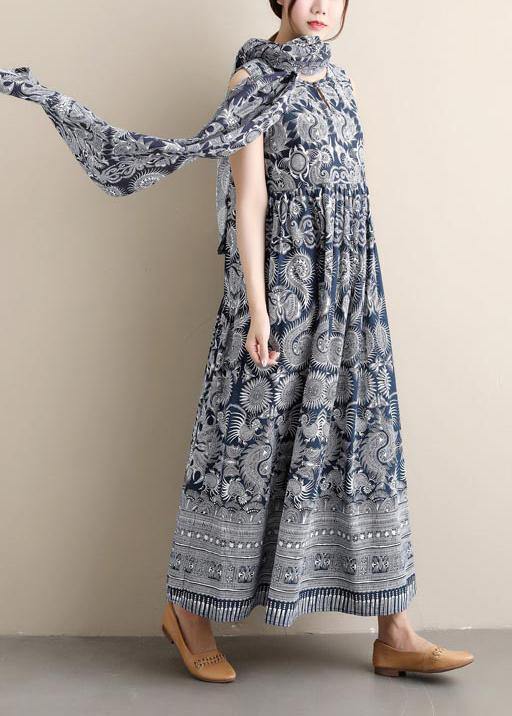 Style O Neck Sleeveless Spring Blue Print Maxi Dress