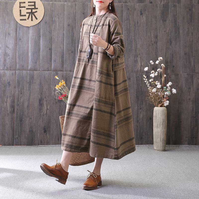 100% chocolate striped clothes stand collar drawstring Maxi Dress