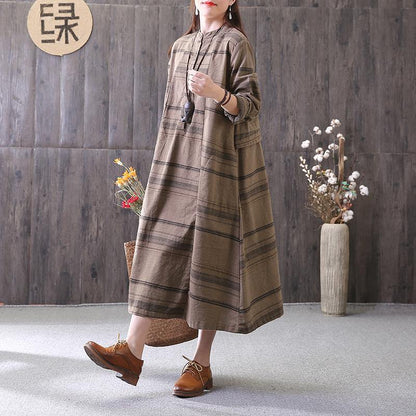 100% chocolate striped clothes stand collar drawstring Maxi Dress