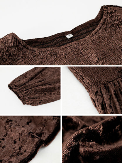 Mini Dresses Velvet Black Long Sleeves Pleated Velour Jewel Neck Dress