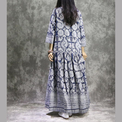 French prints linen cotton clothes For Women plus size Neckline blue Maxi Dress summer