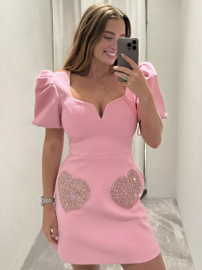 Sweet Summer Dress Designed Neckline Heart Printed Mini Dresses