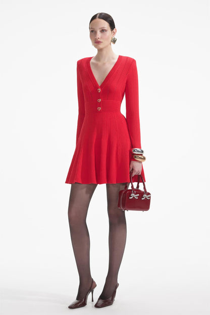 Knit  Metal Button Long Sleeve Mini Dress