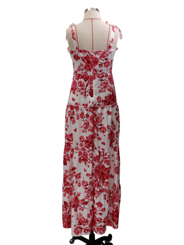 Maxi Dresses Sleeveless Red Floral Print Straps Neck Ruffles Layered Chiffon Long Dress