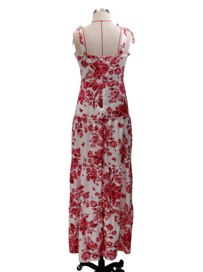 Maxi Dresses Sleeveless Red Floral Print Straps Neck Ruffles Layered Chiffon Long Dress