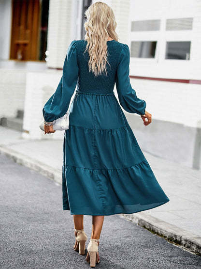 Midi Dresses V-Neck Long Sleeves Pleated Layered Chic Fit And Flare Dress