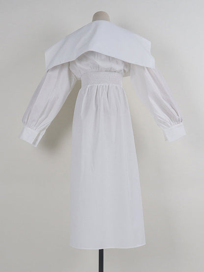 High Waisted Long Sleeves Asymmetric Belted Pleated Solid Color Lapel Midi Dresses