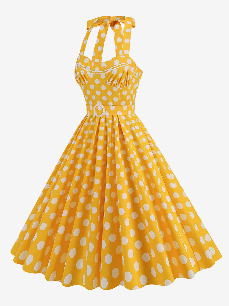 Dress Dot Halter Belted Ring Detail Retro Midi Dress