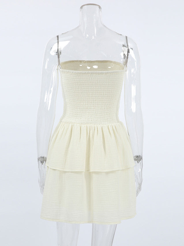 Summer Dress Mini Dresses Ecru White Strapless Pleated Cotton Beach Dress