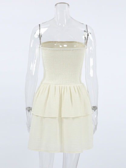 Summer Dress Mini Dresses Ecru White Strapless Pleated Cotton Beach Dress