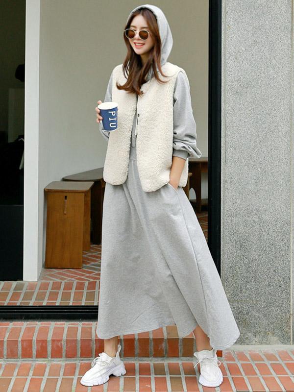 Loose Solid Color Casual A-Line Hoodie Dress