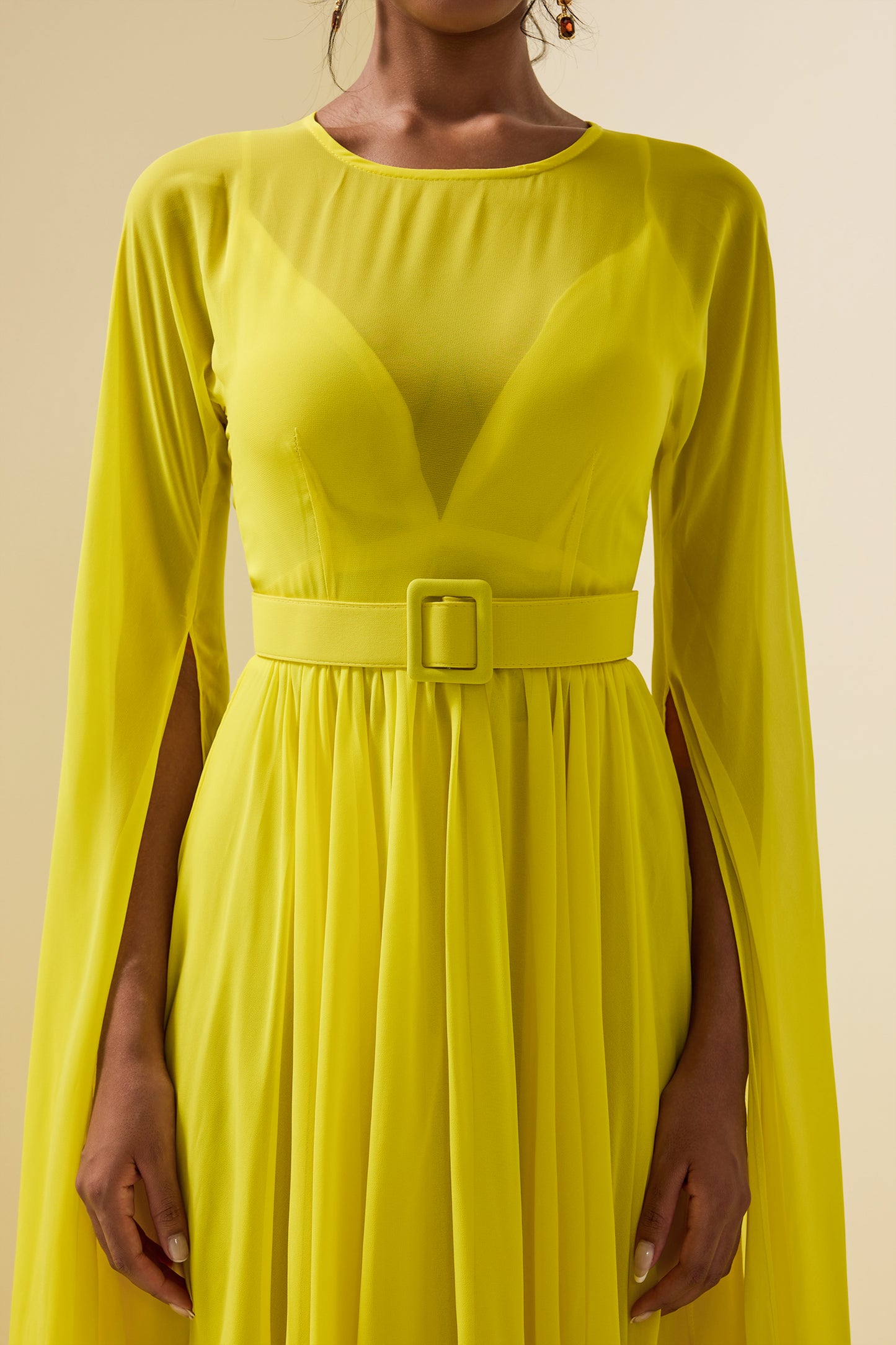 Mesh Solid Cape Sleeve Midi Dress With Belt
