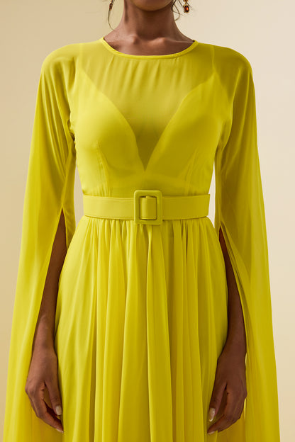 Mesh Solid Cape Sleeve Midi Dress With Belt