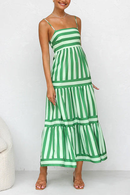 Spaghetti Strap Tiered Color Block Striped Maxi Dress