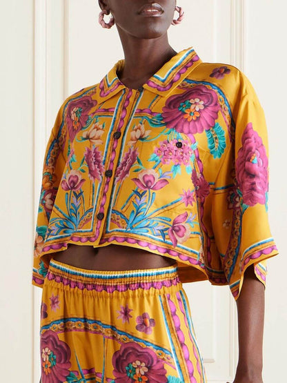 Sunset Cropped Unique Floral Printed Loose Wide-Leg Pants