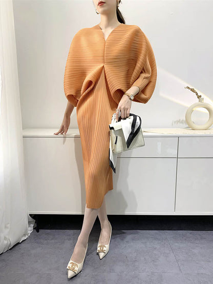 Original Creation Loose Batwing Sleeves Pleated Solid Color V-Neck Midi Dresses
