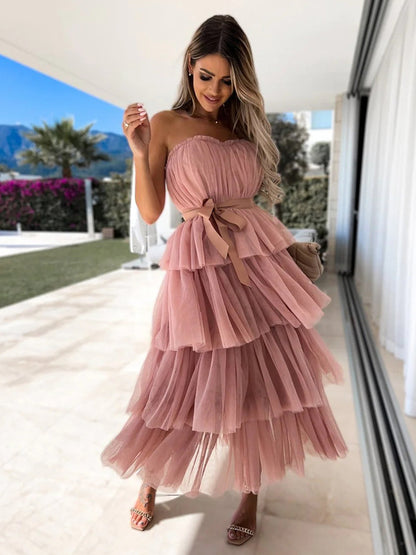 Tulle Ruffles Dress Off The Shoulder Layered Belted Party Maxi Dresses