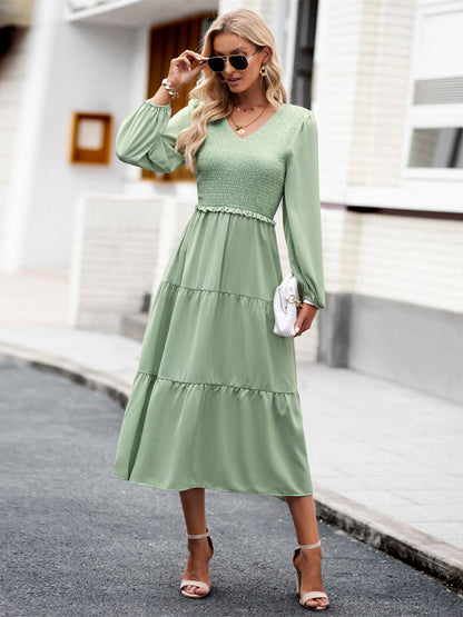 Midi Dresses V-Neck Long Sleeves Pleated Layered Chic Fit And Flare Dress