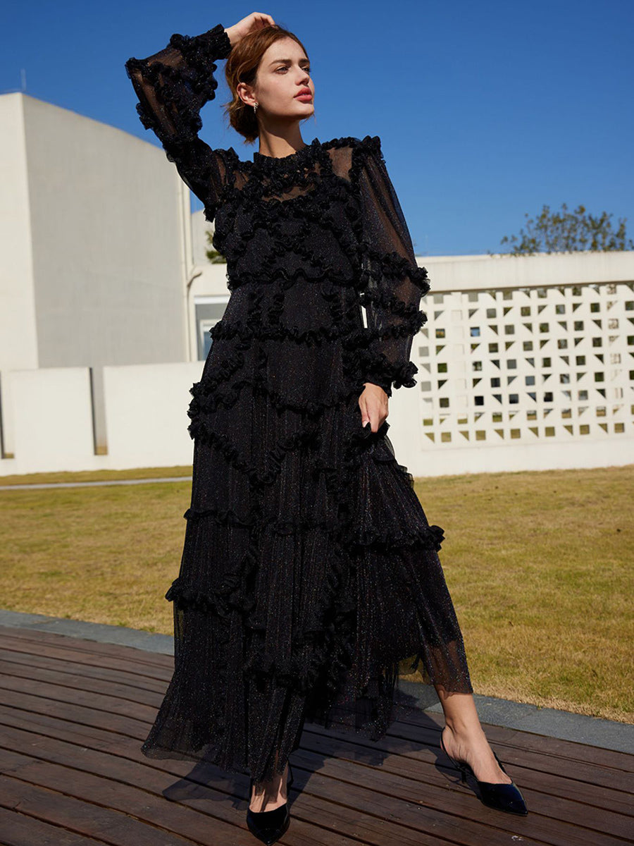 Ruffles Dress Illusion Long Sleeves High Collar Tulle Party Maxi Dresses