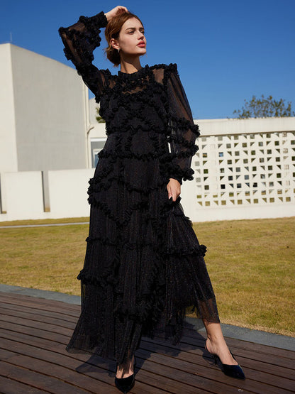 Ruffles Dress Illusion Long Sleeves High Collar Tulle Party Maxi Dresses