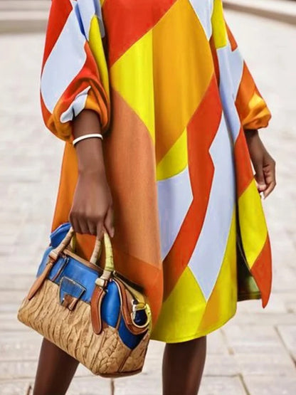 A-Line Long Sleeves Contrast Color Elasticity Printed Split-Joint Round-Neck Midi Dresses