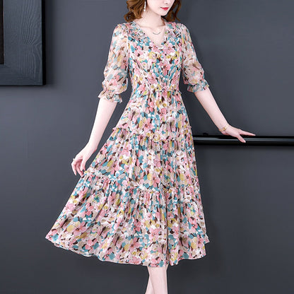 Summer Floral Natural Silk V-Neck Midi Dress
