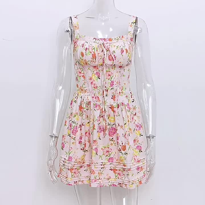 Floral Dress Mini Dresses Dresses Floral Print Lace Up Straps Neck Sleeveless No Open Seam Elegant Fall Short
