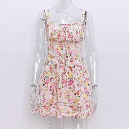 Floral Dress Mini Dresses Dresses Floral Print Lace Up Straps Neck Sleeveless No Open Seam Elegant Fall Short