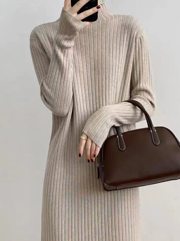 Long Sleeves Loose Fringed Solid Color Mock Neck Midi Dresses Sweater Dresses