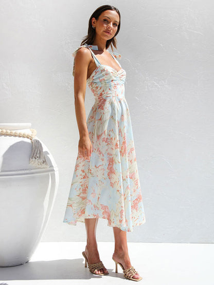Print Midi Dress Floral Sleeveless Sweetheart Neck Casual Lace Up Backless Summer Dresses