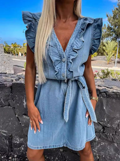 Summer Dress Light Sky Blue V-Neck Ruffles Belted Beach Mini Dress