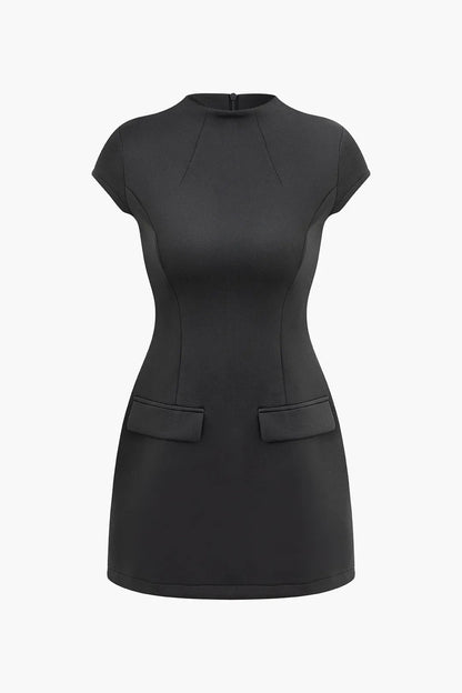 Calliope Solid Black Round Neck Short Sleeve Midi Party Dress
