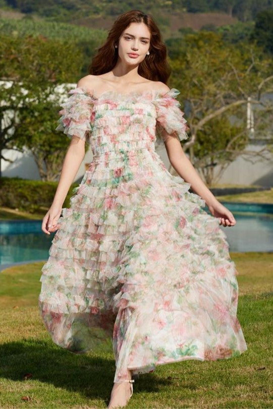 Floral Frill Off-Shoulder Midi Dress