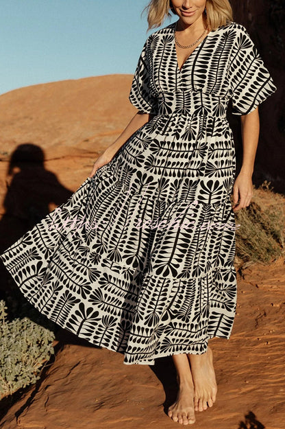 Bohemian Style Unique Printed Short Sleeve High Waist Midi Dress