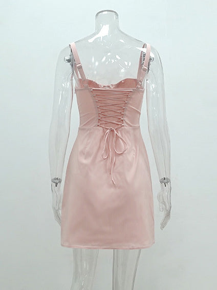 Summer Dress Mini Dresses Pink Straps Neck Lace Up Polyester Beach Dress