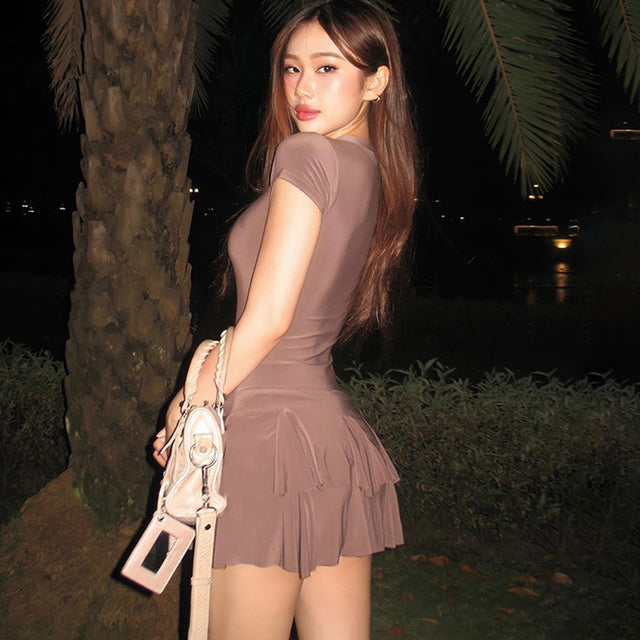 TRAUXY Hot Girl Ruffled Short Sleeve Slim Mini Dress For Women Patchwork Solid Y2K Fashion O Neck Casual Club Party Dress Female