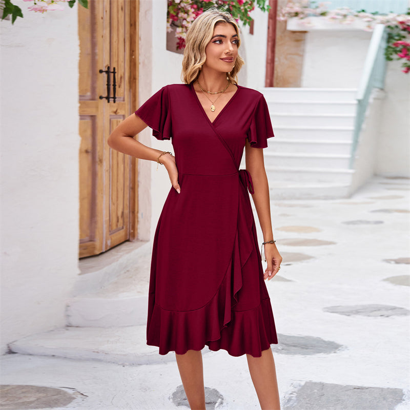 V-Neck Short Sleeve Irregular Midi Dress in Various Colors