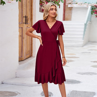 V-Neck Short Sleeve Irregular Midi Dress in Various Colors